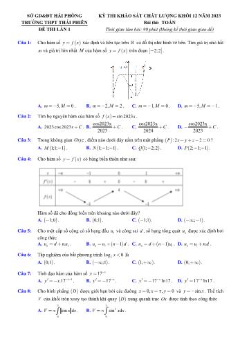 Đề thi khảo sát chất lượng lần 1 môn Toán Lớp 12 năm 2023 - Trường THPT Thái Phiên (Có đáp án)