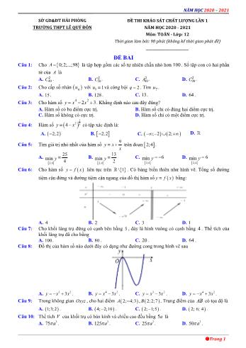 Đề thi khảo sát chất lượng lần 1 môn Toán Lớp 12 - Năm học 2020-2021 - Trường THPT Lê Quý Đôn (Có đáp án)