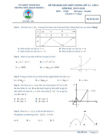 Đề thi khảo sát chất lượng lần 2 môn Toán Lớp 12 - Mã đề 001 - Năm học 2019-2020 - Trường THPT Thạch Thành 3 (Có đáp án)