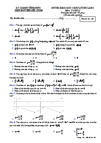 Đề thi khảo sát chất lượng lần 2 môn Toán Lớp 12 - Mã đề 104 - Năm học 2019-2020 - Trường THPT Nguyễn Viết Xuân