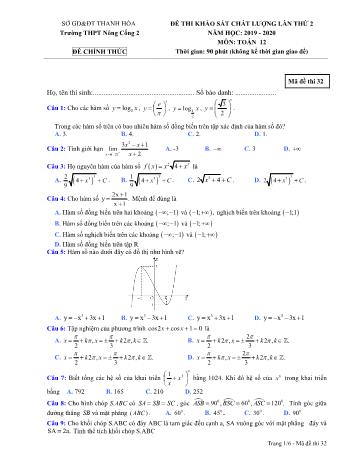 Đề thi khảo sát chất lượng lần thứ 2 môn Toán Lớp 12 - Mã đề 32 - Năm học 2019-2020 - Trường THPT Nông Cống 2 (Có đáp án)