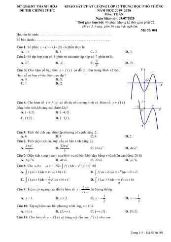 Đề thi khảo sát chất lượng môn Toán Lớp 12 - Mã đề 001 - Năm học 2019-2020 - Sở GD và ĐT Thanh Hóa