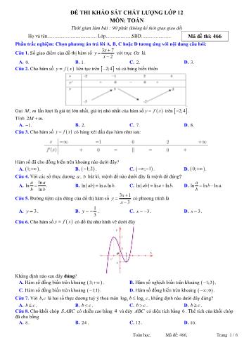 Đề thi khảo sát chất lượng môn Toán Lớp 12 - Mã đề 466 - Năm học 2023-2024 - Trường THPT Kiến Thụy
