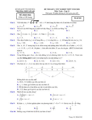Đề thi khảo sát chất lượng Tốt nghiệp THPT môn Toán năm 2020 - Mã đề 001 - Trường THPT Lê Lợi