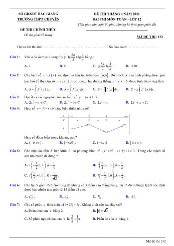 Đề thi Tháng 4 môn Toán Lớp 12 năm 2021 - Mã đề 132 - Sở GD và ĐT Bắc Giang (Có đáp án)