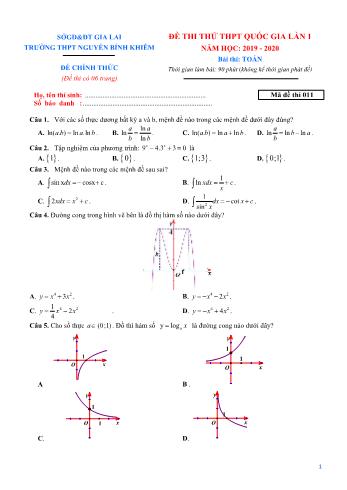 Đề thi thử THPT Quốc gia lần 1 môn Toán - Mã đề 011 - Năm học 2019-2020 - Trường THPT Nguyễn Bỉnh Khiêm (Có đáp án)