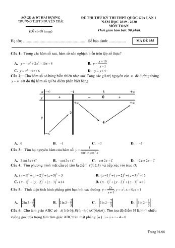 Đề thi thử THPT Quốc gia lần 1 môn Toán - Mã đề 035 - Năm học 2019-2020 - Trường THPT Nguyễn Trãi (Có đáp án)