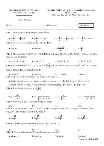 Đề thi thử THPT Quốc gia lần 1 môn Toán - Mã đề 101 - Năm học 2019-2020 - Trường THPT Ân Thi