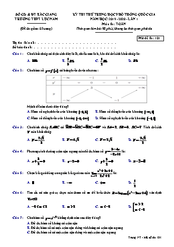Đề thi thử THPT Quốc gia lần 1 môn Toán - Mã đề 101 - Năm học 2019-2020 - Trường THPT Lục Nam