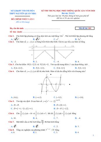 Đề thi thử THPT Quốc gia lần 1 môn Toán - Mã đề 101 - Năm học 2019-2020 - Trường THPT Nguyễn Quán Nho (Có đáp án)