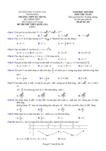 Đề thi thử THPT Quốc gia lần 1 môn Toán - Mã đề 102 - Năm học 2019-2020 - Trường THPT Hà Trung (Có đáp án)
