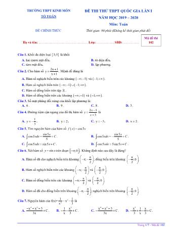 Đề thi thử THPT Quốc gia lần 1 môn Toán - Mã đề 102 - Năm học 2019-2020 - Trường THPT Kinh Môn