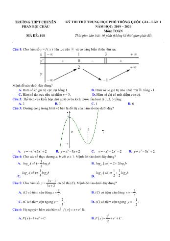 Đề thi thử THPT Quốc gia lần 1 môn Toán - Mã đề 108 - Năm học 2019-2020 - Trường THPT chuyên Phan Bội Châu (Có đáp án)