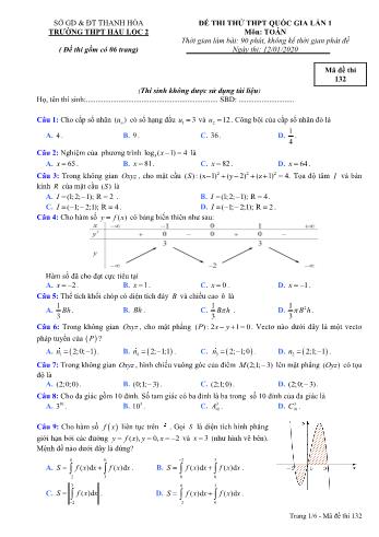 Đề thi thử THPT Quốc gia lần 1 môn Toán - Mã đề 132 - Năm học 2019-2020 - Trường THPT Hậu Lộc 2 (Có đáp án)