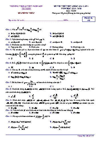 Đề thi thử THPT Quốc gia lần 1 môn Toán - Mã đề 143 - Năm học 2019-2020 - Trường THCS và THPT Nghi Sơn (Có đáp án)