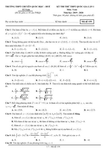 Đề thi thử THPT Quốc gia lần 1 môn Toán - Mã đề 159 - Năm học 2019-2020 - Trường THPT chuyên Quốc học Huế (Có đáp án)
