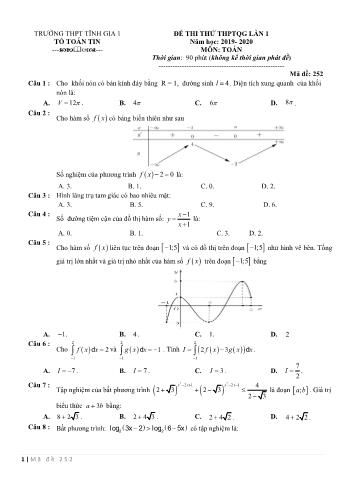 Đề thi thử THPT Quốc gia lần 1 môn Toán - Mã đề 252 - Năm học 2019-2020 - Trường THPT Tĩnh Gia 1 (Có đáp án)