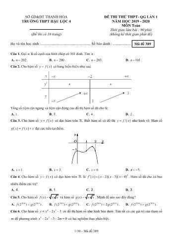Đề thi thử THPT Quốc gia lần 1 môn Toán - Mã đề 389 - Năm học 2019-2020 - Trường THPT Hậu Lộc 4 (Có đáp án)