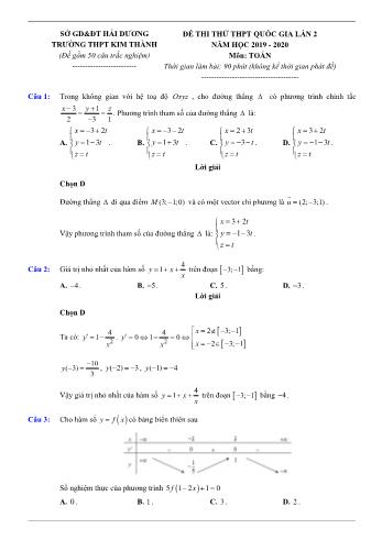 Đề thi thử THPT Quốc gia lần 2 môn Toán - Năm học 2019-2020 - Trường THPT Kim Thành (Có đáp án)