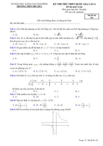 Đề thi thử THPT Quốc gia lần 4 môn Toán năm 2020 - Mã đề 101 - Trường THPT Phụ Dực (Có đáp án)