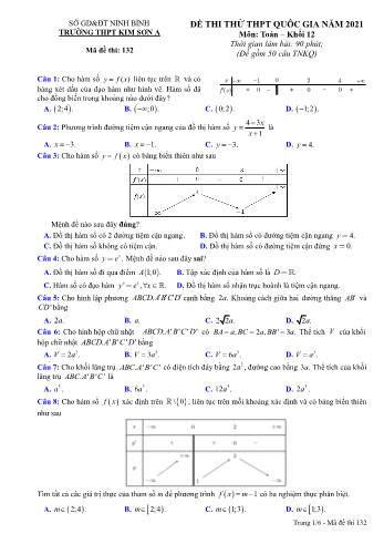 Đề thi thử THPT Quốc gia môn Toán năm 2021 - Mã đề 132 - Trường THPT Kim Sơn A (Có đáp án)