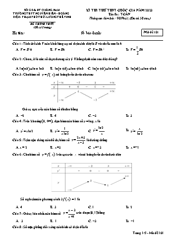 Đề thi thử THPT Quốc gia môn Toán năm 2023 - Mã đề 101 - Trường THPT Nguyễn Hiền (Có đáp án)