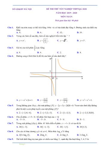 Đề thi thử THPT Quốc gia môn Toán - Năm học 2019-2020 - Sở GD và ĐT Hà Nội (Có đáp án)