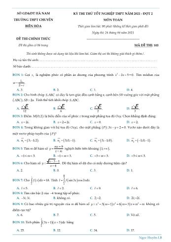 Đề thi thử Tốt nghiệp THPT đợt 2 môn Toán năm 2021 - Mã đề 105 - Trường THPT chuyên Biên Hòa