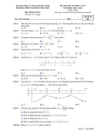 Đề thi thử Tốt nghiệp THPT lần 1 môn Toán - Mã đề 001 - Năm học 2020-2021 - Trường THPT Nguyễn Công Trứ (Có đáp án)