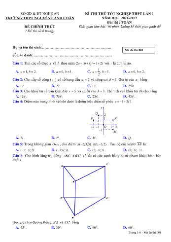 Đề thi thử Tốt nghiệp THPT lần 1 môn Toán - Mã đề 001 - Năm học 2021-2022 - Trường THPT Nguyễn Cảnh Chân (Có đáp án)