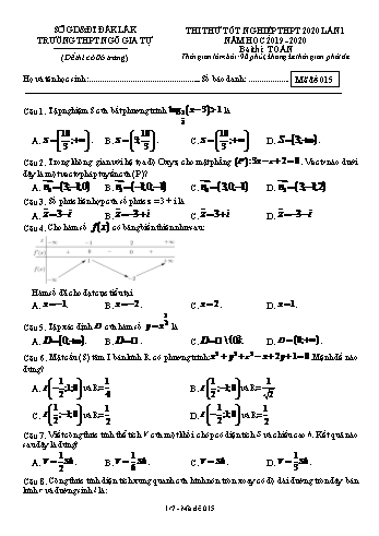 Đề thi thử Tốt nghiệp THPT lần 1 môn Toán - Mã đề 015 - Năm học 2019-2020 - Trường THPT Ngô Gia Tự (Có đáp án)