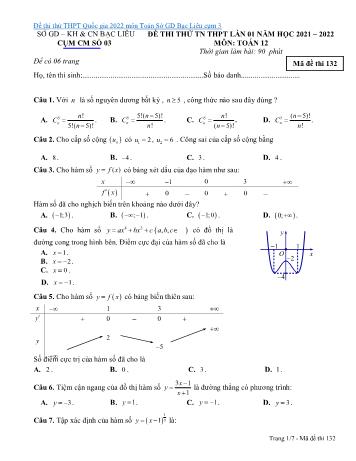 Đề thi thử Tốt nghiệp THPT lần 1 môn Toán - Mã đề 132 - Năm học 2021-2022 - Sở GD và ĐT Bạc Liêu