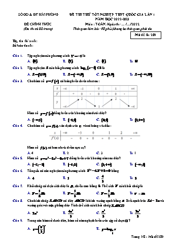 Đề thi thử Tốt nghiệp THPT lần 1 môn Toán - Mã đề 289 - Năm học 2022-2023 - Sở GD và ĐT Hải Phòng