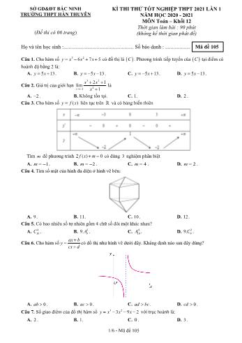 Đề thi thử Tốt nghiệp THPT lần 1 môn Toán năm 2021 - Mã đề 105 - Trường THPT Hàn Thuyên (Có đáp án)