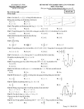 Đề thi thử Tốt nghiệp THPT lần 1 môn Toán năm 2023 - Mã đề 201 - Trường THPT Can Lộc