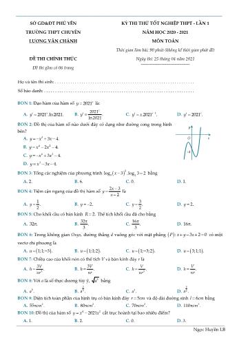 Đề thi thử Tốt nghiệp THPT lần 1 môn Toán - Năm học 2020-2021 - Trường THPT chuyên Lương Văn Chánh