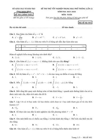Đề thi thử Tốt nghiệp THPT lần 2 môn Toán - Mã đề 001 - Năm học 2021-2022 - Sở GD và ĐT Ninh Bình (Có đáp án)