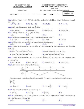 Đề thi thử Tốt nghiệp THPT lần 2 môn Toán - Mã đề 101 - Năm học 2019-2020 - Trường THPT Kim Liên (Có đáp án)