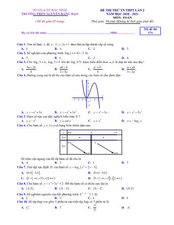 Đề thi thử Tốt nghiệp THPT lần 2 môn Toán - Mã đề 171 - Năm học 2020-2021 - Trường THPT Nguyễn Đăng Đạo