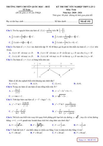 Đề thi thử Tốt nghiệp THPT lần 2 môn Toán - Mã đề 192 - Năm học 2020-2021 - Trường THPT chuyên Quốc Học Huế (Có đáp án)