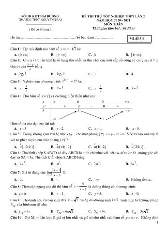 Đề thi thử Tốt nghiệp THPT lần 2 môn Toán - Mã đề 911 - Năm học 2020-2021 - Trường THPT Nguyễn Trãi (Có đáp án)