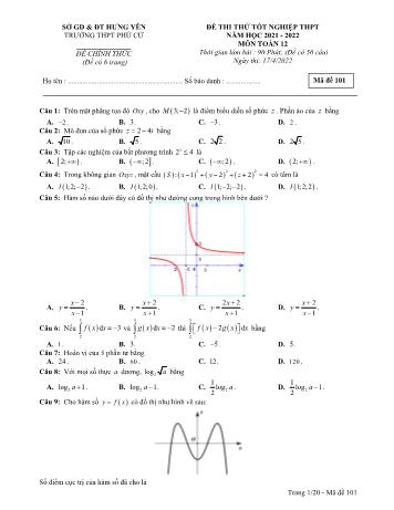 Đề thi thử Tốt nghiệp THPT môn Toán - Mã đề 101 - Năm học 2021-2022 - Trường THPT Phù Cừ (Có đáp án)