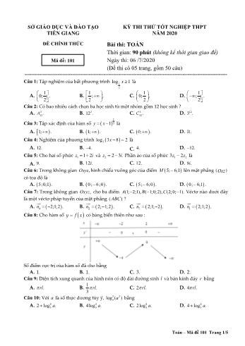 Đề thi thử Tốt nghiệp THPT môn Toán năm 2020 - Mã đề 101 - Sở GD và ĐT Tiền Giang