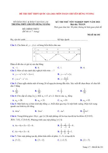 Đề thi thử Tốt nghiệp THPT môn Toán năm 2021 - Mã đề 101 - Trường THPT chuyên Hùng Vương