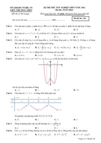 Đề thi thử Tốt nghiệp THPT môn Toán năm 2021 - Mã đề 102 - Liên trường THPT Nghệ An