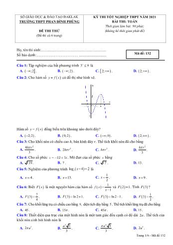 Đề thi thử Tốt nghiệp THPT môn Toán năm 2021 - Mã đề 132 - Trường THPT Phan Đình Phùng